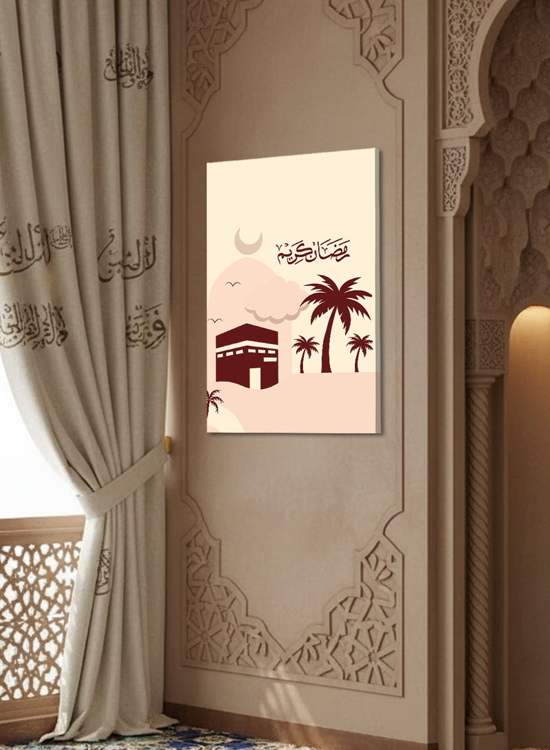 لوحة كانفاس على إطار خشبي بتصميم رمضان كريم مع هلال رمضان والكعبة المشرفة - Image 1